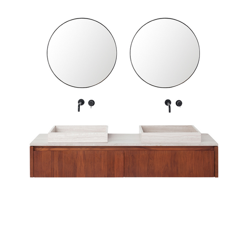 Set Ahun Badkamermeubel in Walnoot met Marcel Bovenplaat en George Wastafel in Beige Marmer.ALT