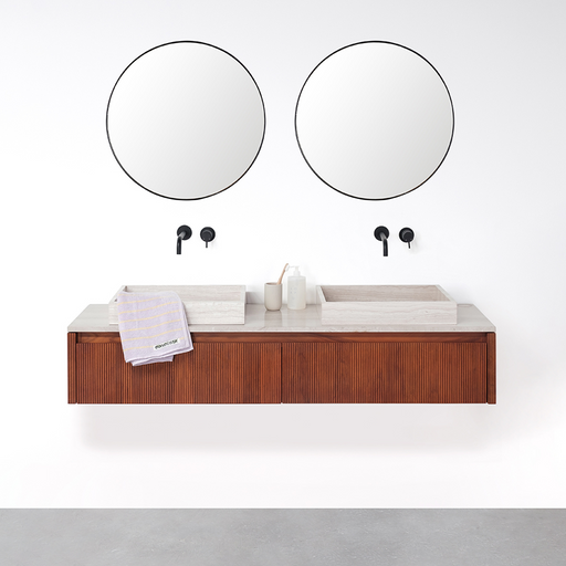 Set Ahun Badkamermeubel in Walnoot met Marcel Bovenplaat en George Wastafel in Beige Marmer.ALT