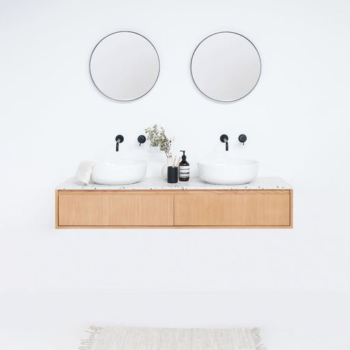 Eiken badkamerkast Ann kort - Terrazzo wastafelplaat - porselienen waskom  - 150 cm